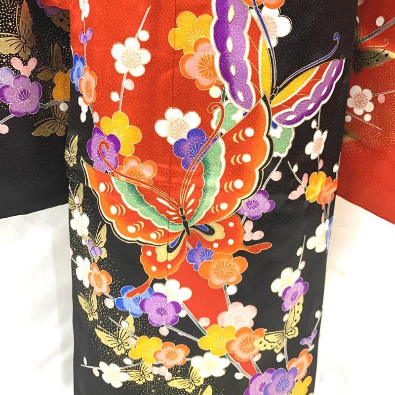 505ag19■七五三 七歳 女児 着物&袋帯&長襦袢 蝶 金彩■美品