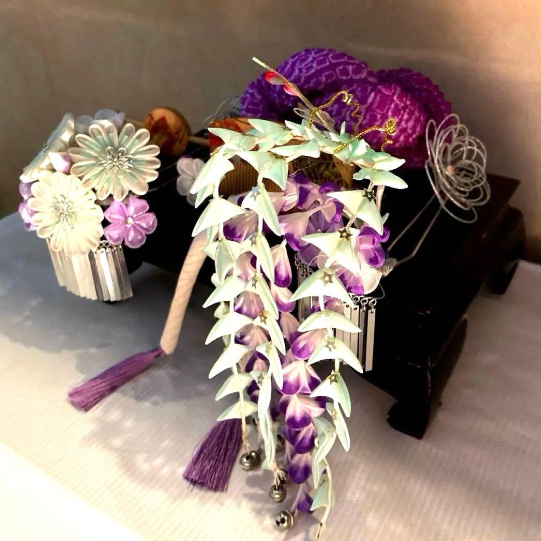 美しアンティーク　藤下がり　花簪　櫛平打ち簪　Uピン水引簪　選べる鹿の子ちんころ