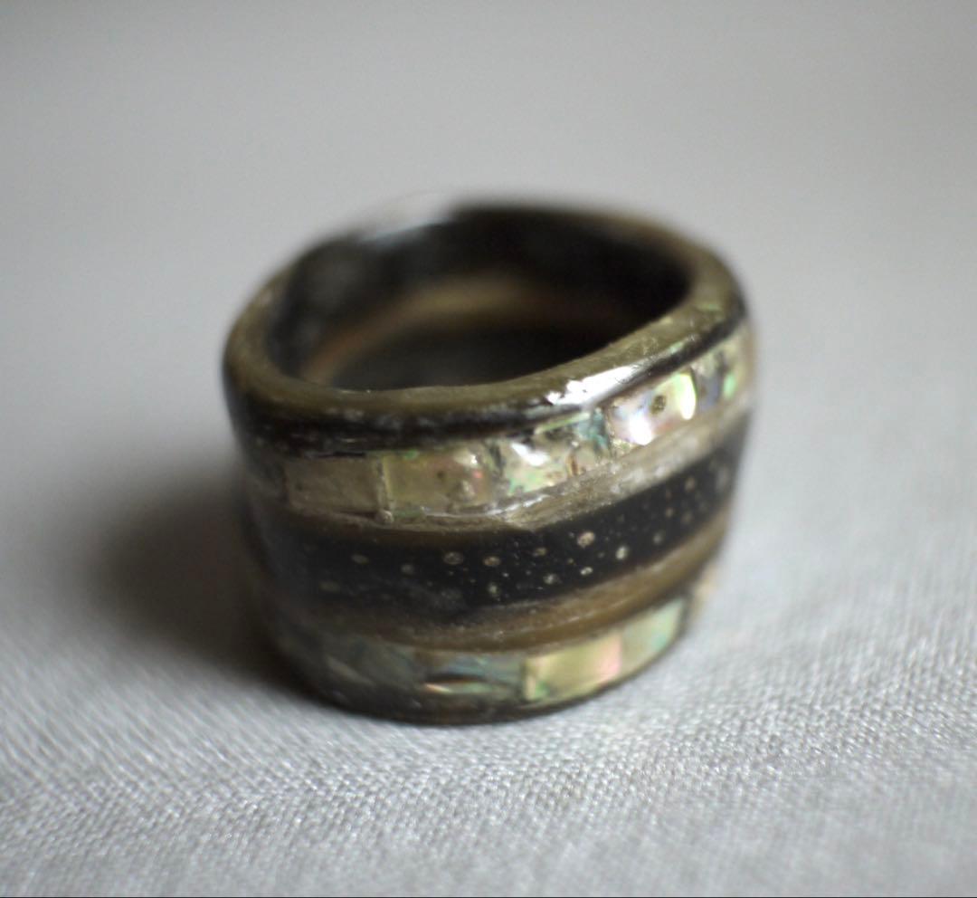 ナガスクジラ鯨髭×螺鈿リング（5〜6号）／重厚ワイドタイプ　レア　和風