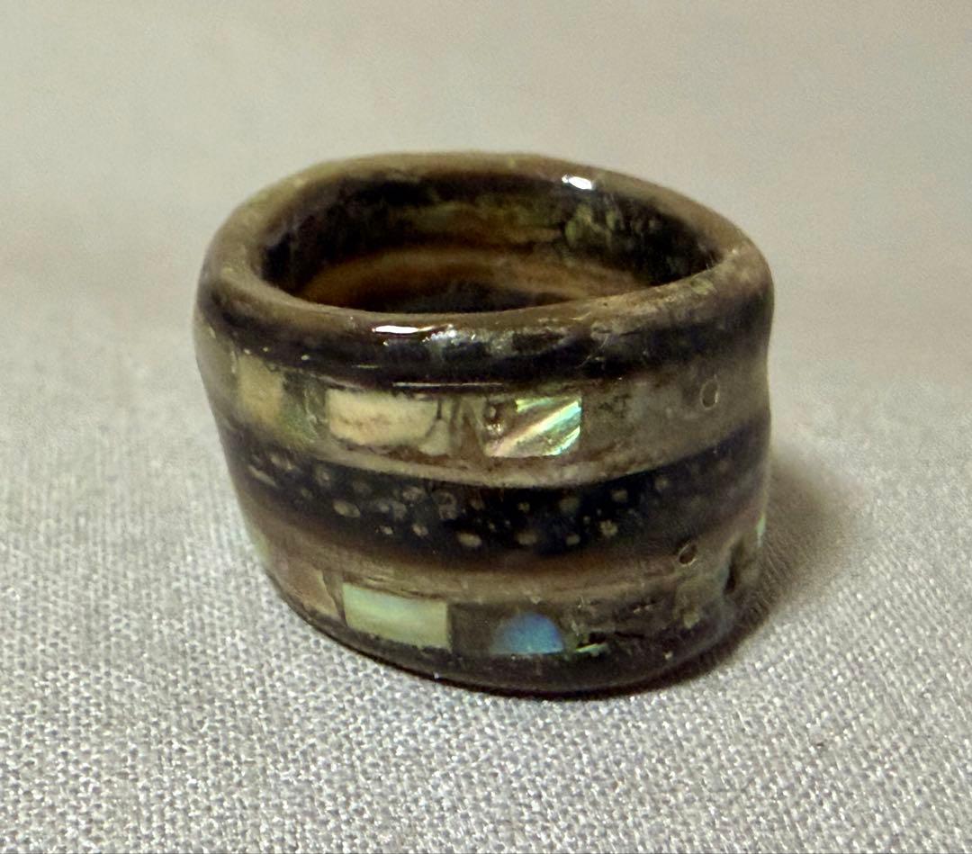 ナガスクジラ鯨髭×螺鈿リング（5〜6号）／重厚ワイドタイプ　レア　和風