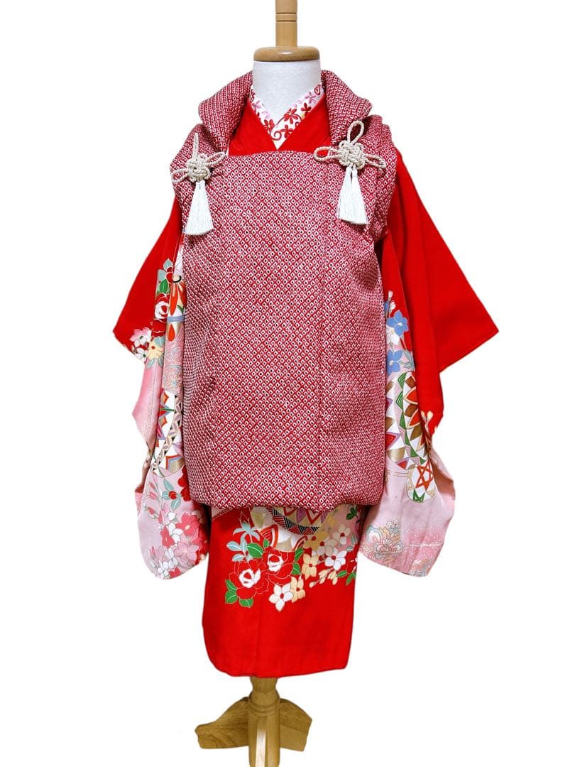 人気の総絞り被布♡七五三　3歳　女の子　フルセット　一式　赤系　正絹