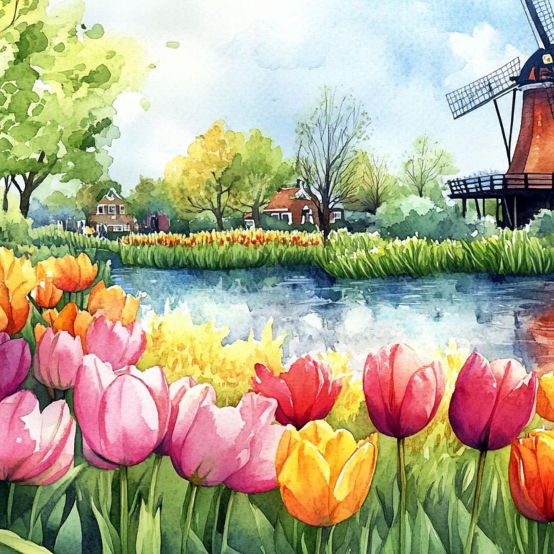 A4 オランダ・キューケンホフ公園の水彩画アート チューリップ畑