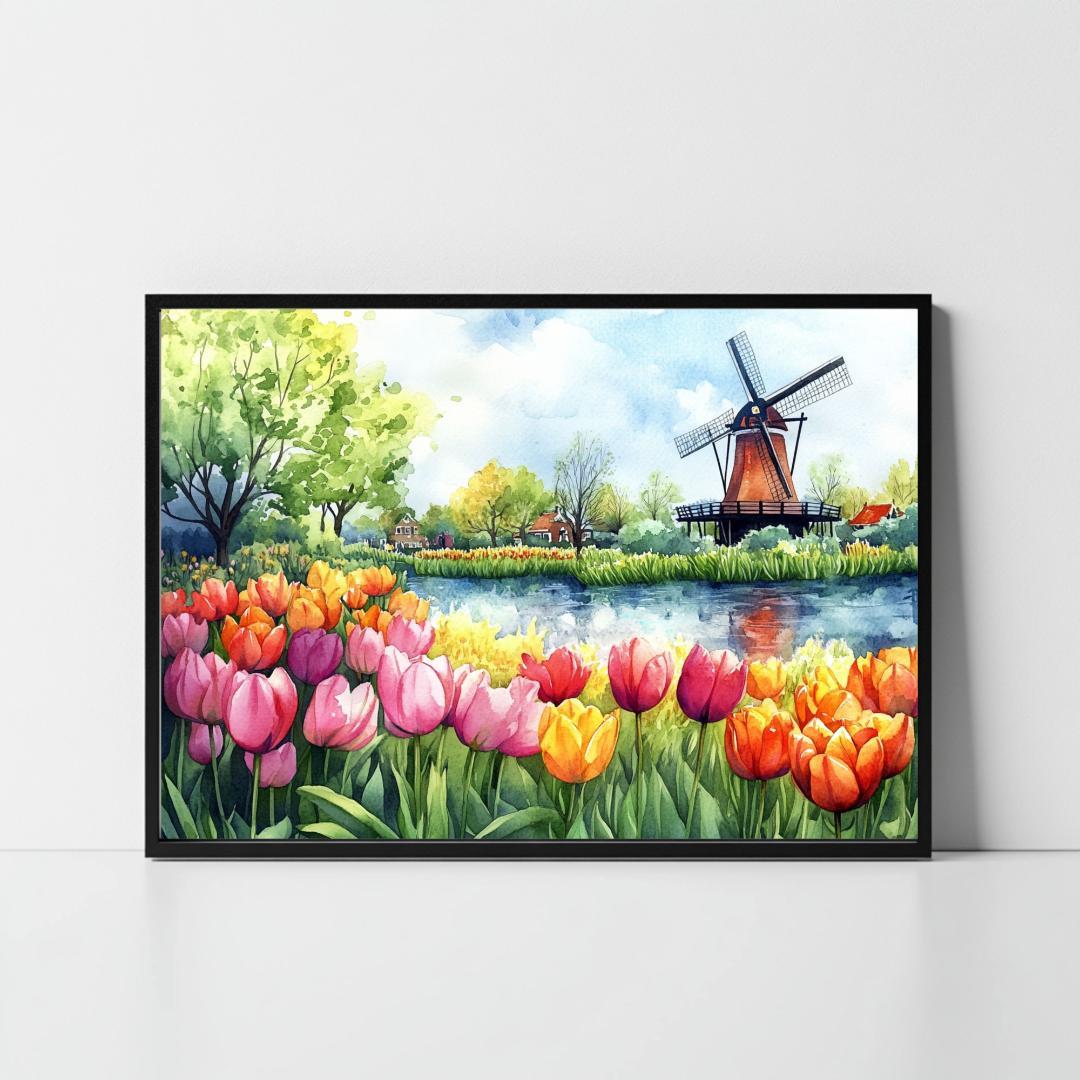 A4 オランダ・キューケンホフ公園の水彩画アート チューリップ畑