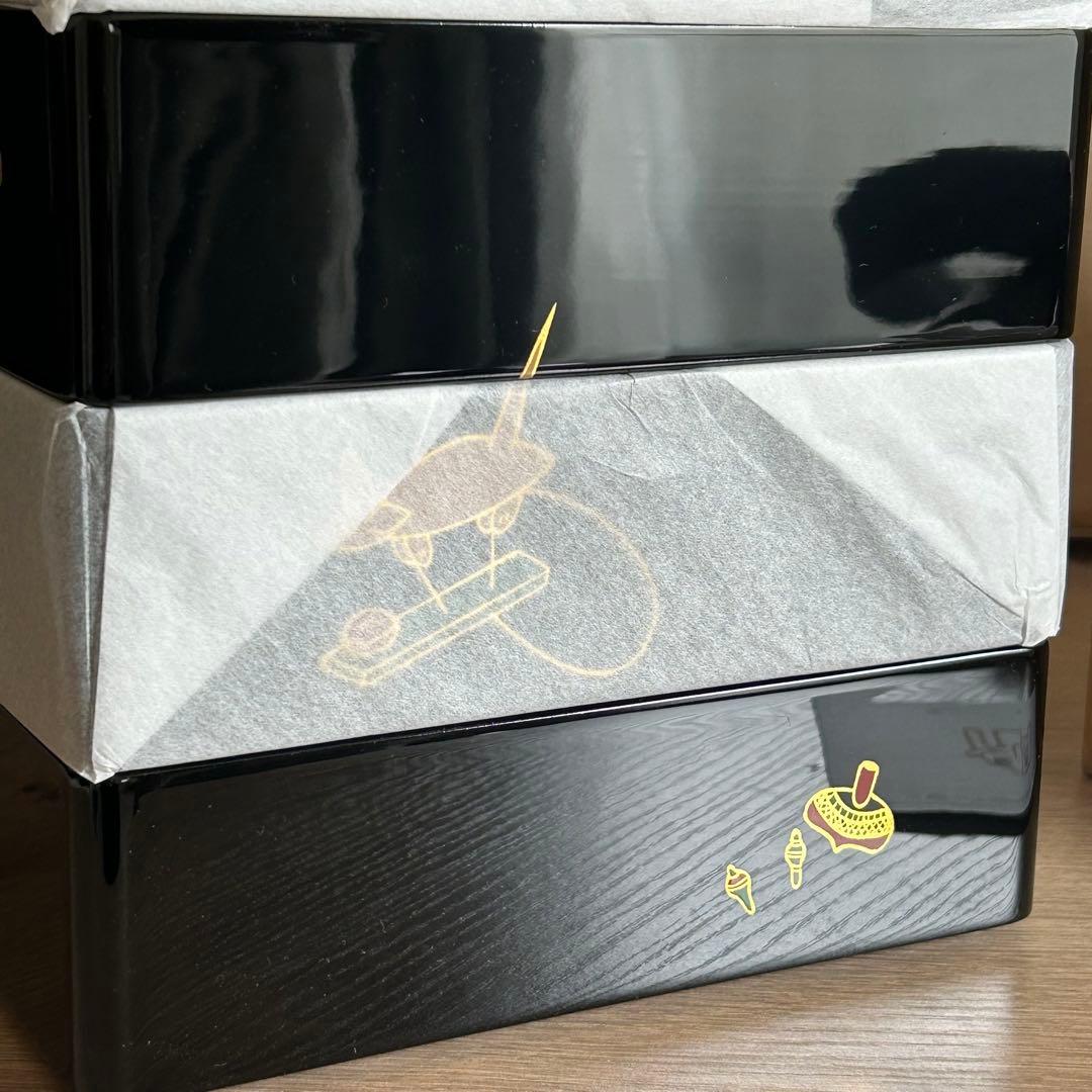 【未使用】象彦　本漆　黒漆塗り　6.5寸　19.5cm角　三段重　重箱