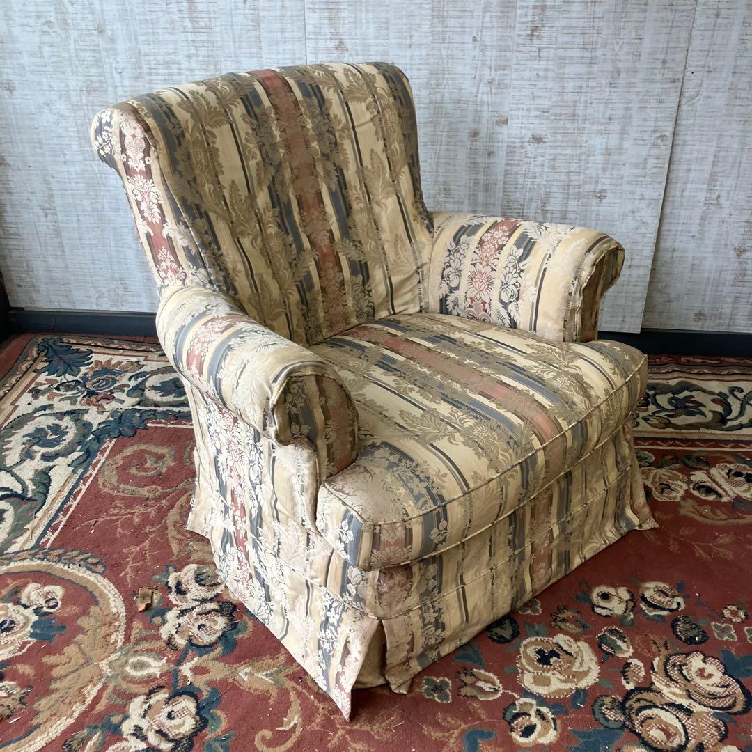 昭和レトロ コスガ家具 古家具 花柄ストライプ 一人掛けソファー アームチェア