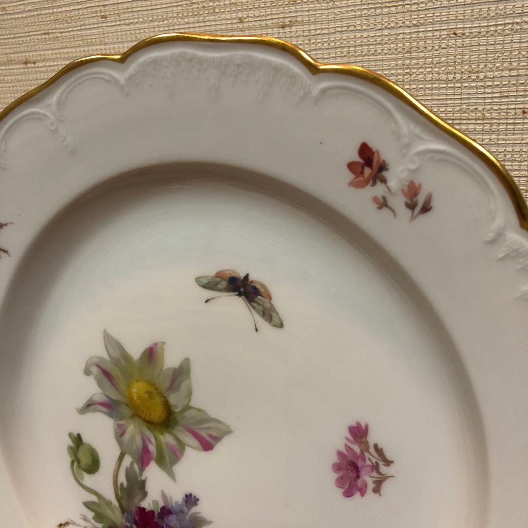 オールドKPMベルリン　印象主義様式　フラワーブーケと昆虫 プレート