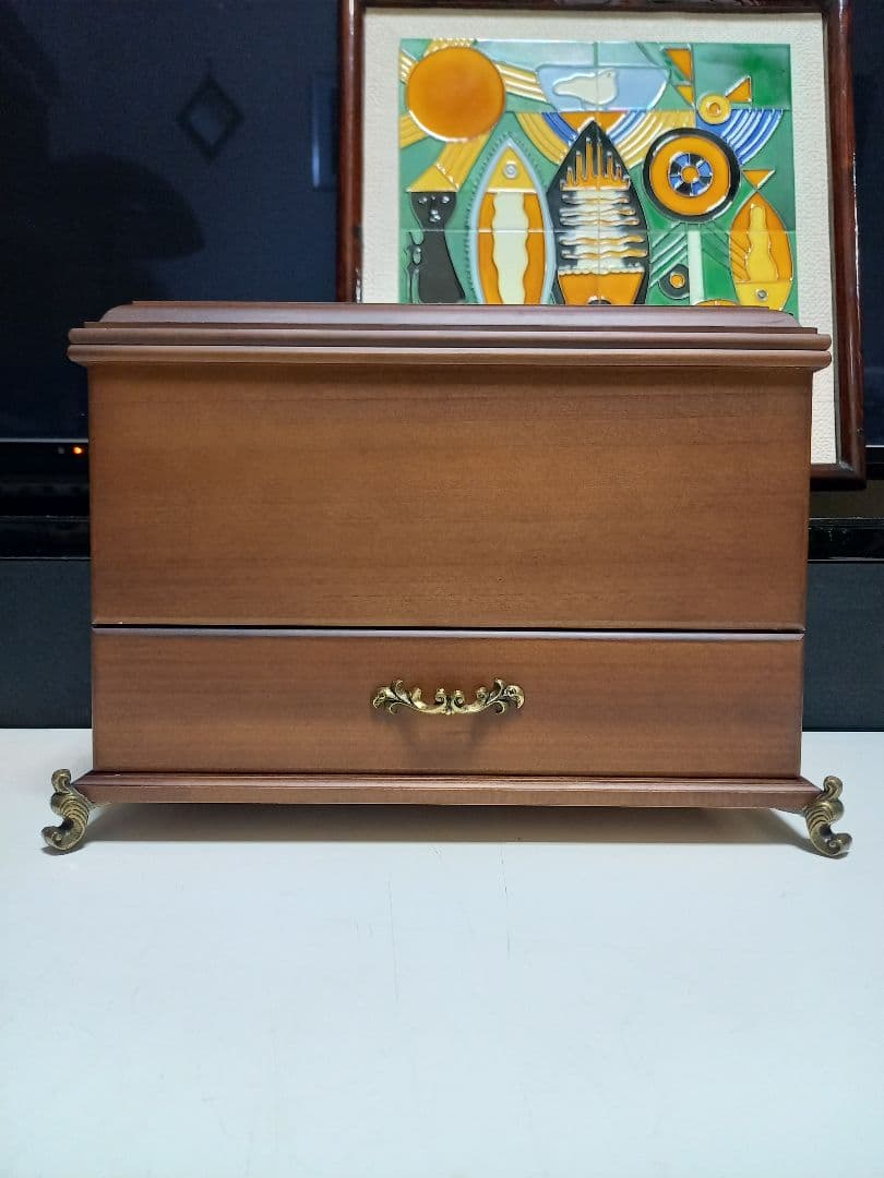 クラシック　ジュエリー　メイク　ウッド　ボックス　真鍮　脚付　金具　化粧　木箱