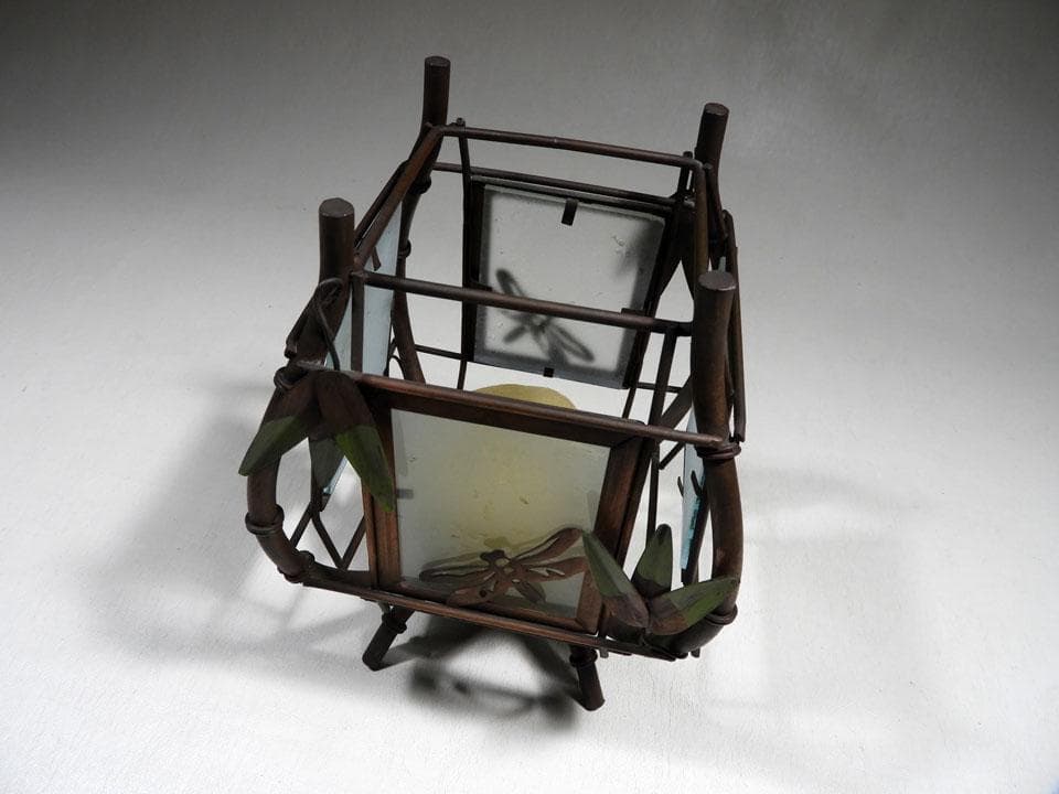 ●現代作 和物 銅製 行燈 蜻蛉 笹透かし紋 四面磨硝子 金工 重さ986ｇ