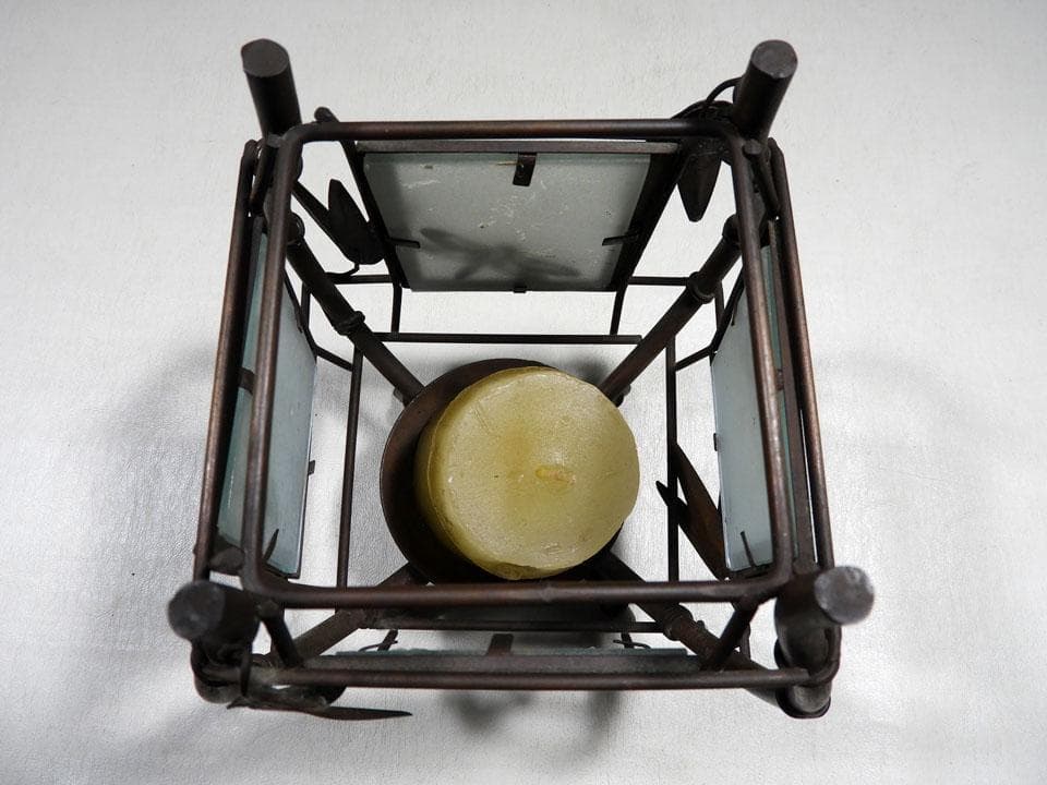 ●現代作 和物 銅製 行燈 蜻蛉 笹透かし紋 四面磨硝子 金工 重さ986ｇ