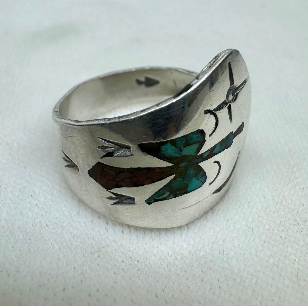 ナバホ族 クラッシュターコイズ/コーラル シルバー ヴィンテージ リング