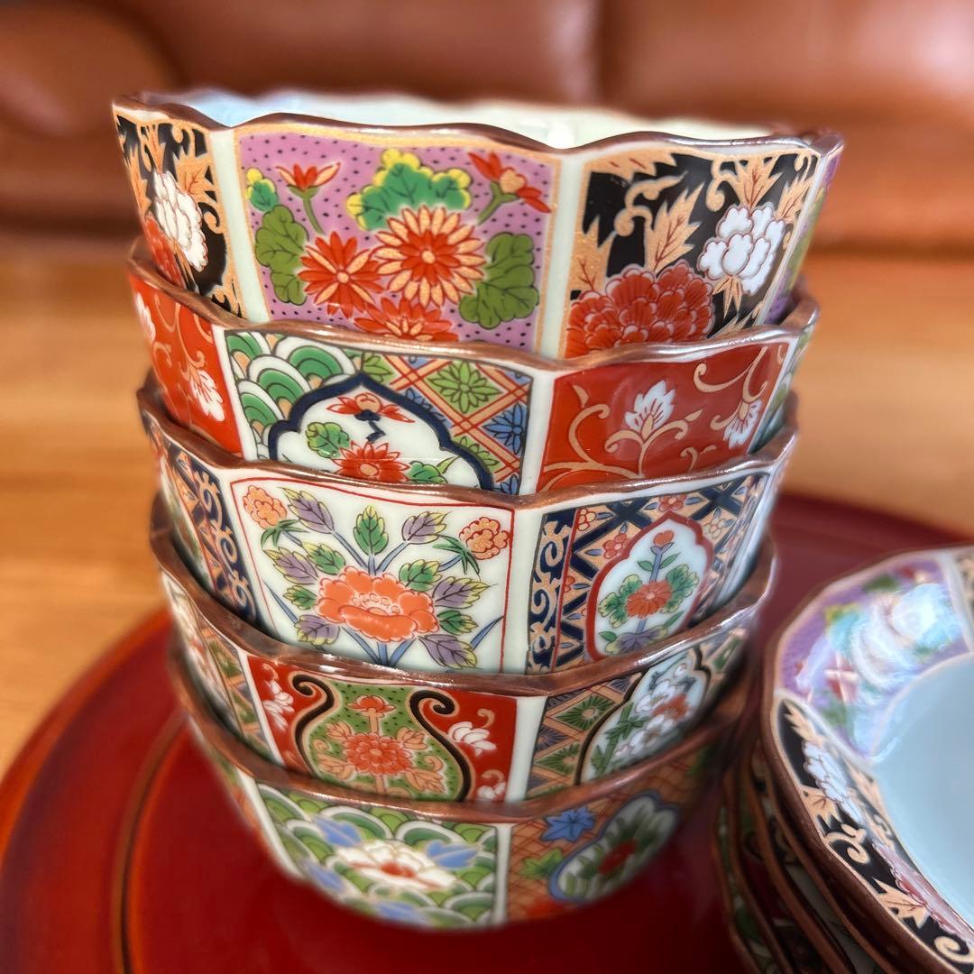 未使用】10点 有田焼 仁祥窯 金彩古伊万里 絵違い 小鉢と小皿揃 5客