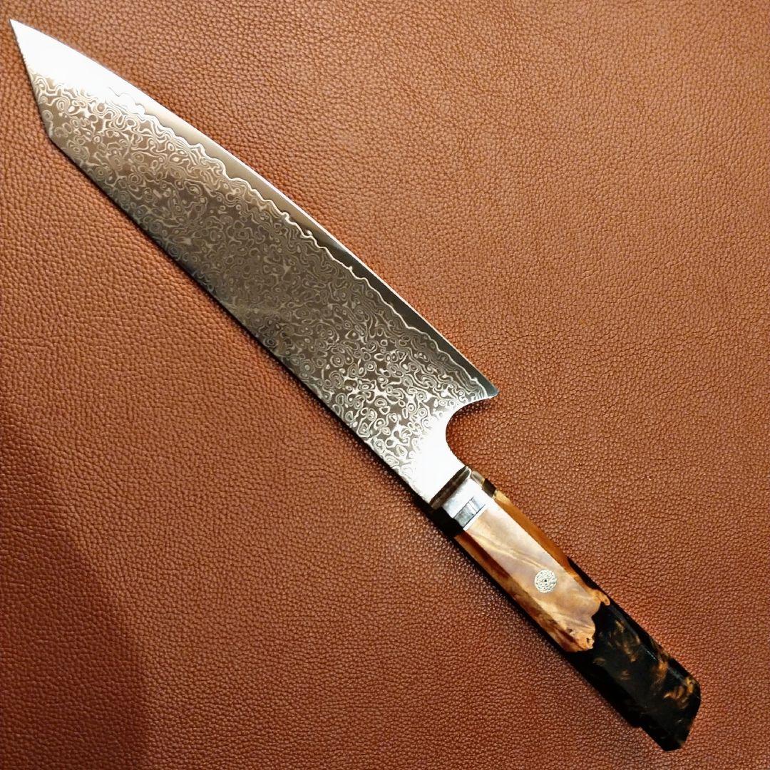 V金10号　67層　ダマスカス包丁　琥珀柄　剣型　牛刀　筋切り　三徳