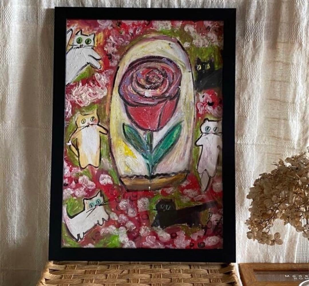 絵画 。壁掛け絵原画手描き【バラガーデンで猫たちが踊るロマンチックな時間】