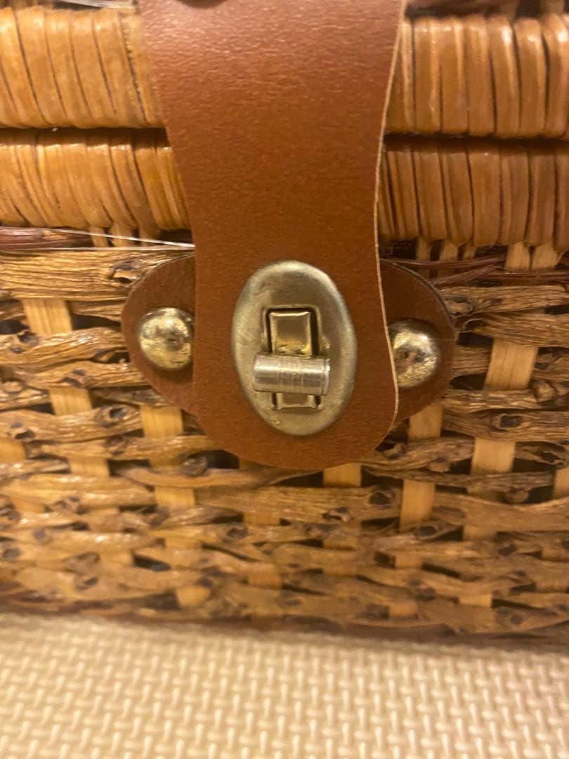 籐 天然竹製ピクニックバスケット 昭和レトロ ラタン調 ブラウン