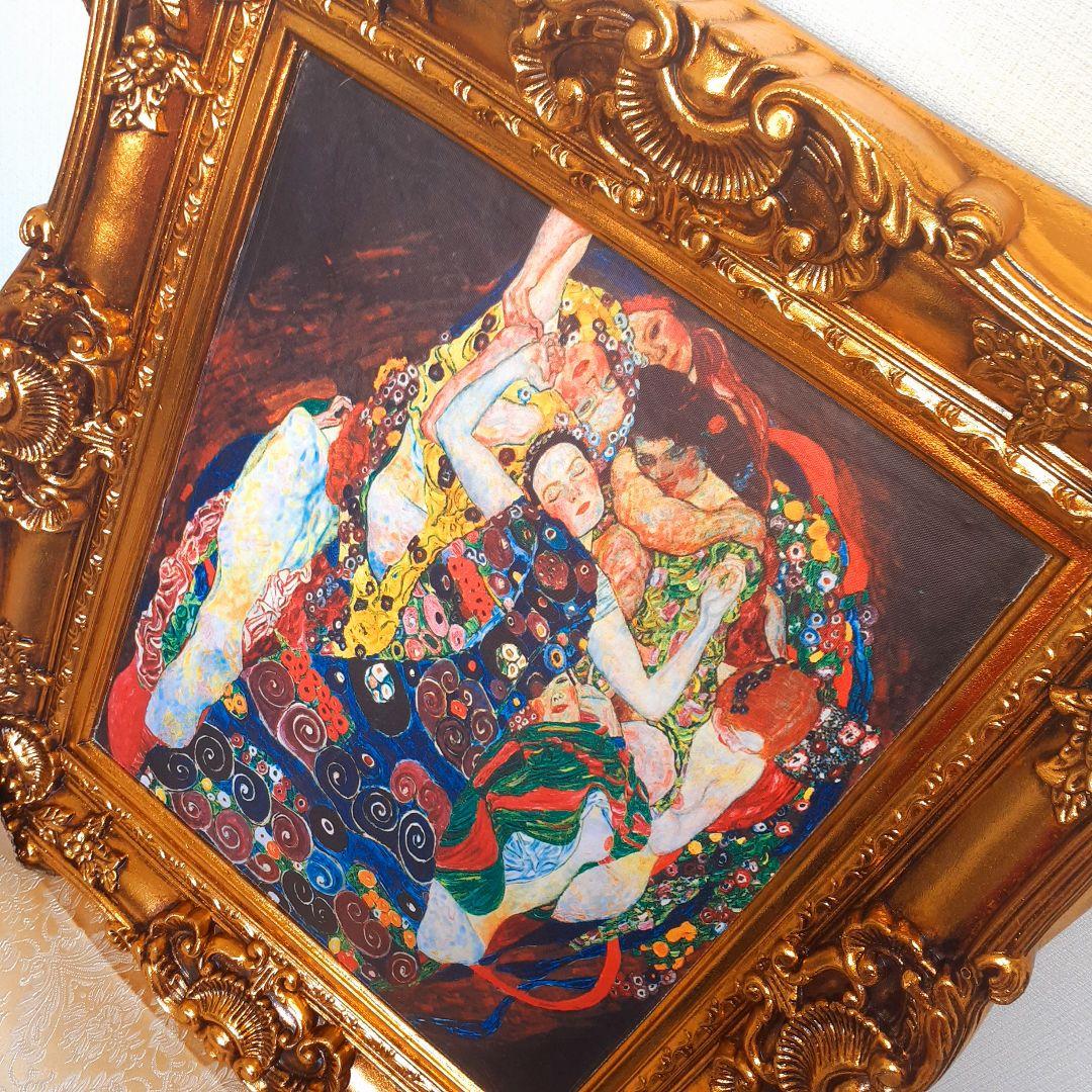 グスタフクリムト作画 TheMaiden 良質キャンバス 豪華 金箔額縁付