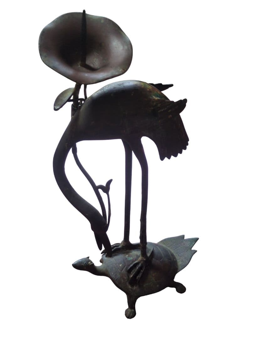 ブロンズ製 鶴と亀の彫刻　和ロウソク立て