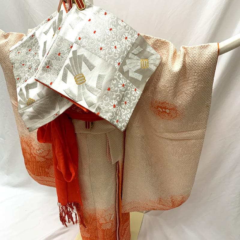 506ag37□七五三 七歳 女児 着物&袋帯&長襦袢 総絞り 牡丹□良好