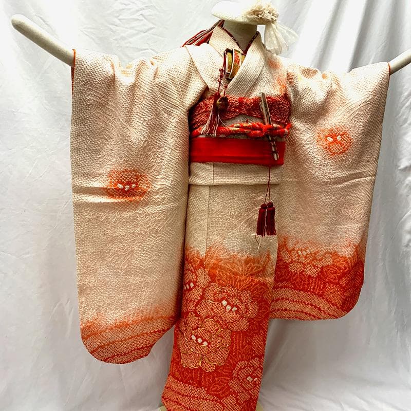 506ag37□七五三 七歳 女児 着物&袋帯&長襦袢 総絞り 牡丹□良好