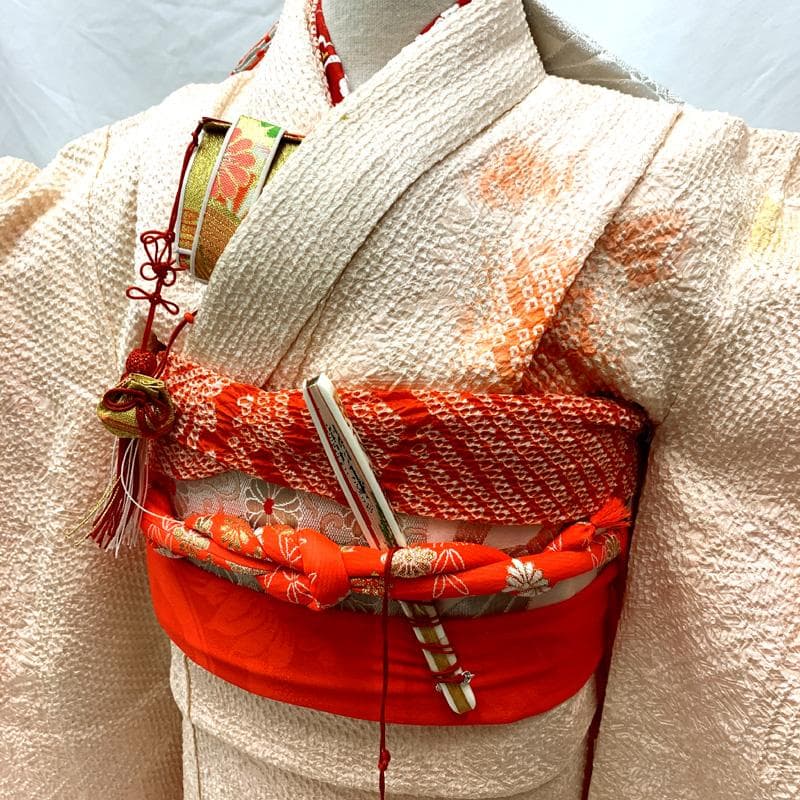 506ag37□七五三 七歳 女児 着物&袋帯&長襦袢 総絞り 牡丹□良好