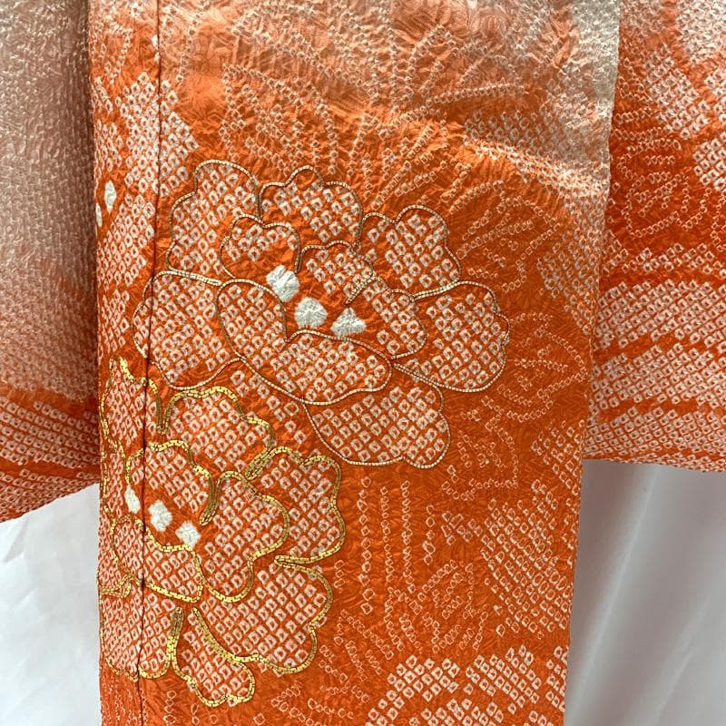 506ag37□七五三 七歳 女児 着物&袋帯&長襦袢 総絞り 牡丹□良好