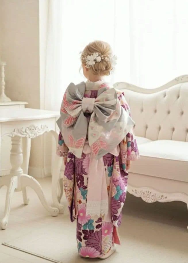 新品着物☆クリーム色大きな花模様☆作り帯フルセット