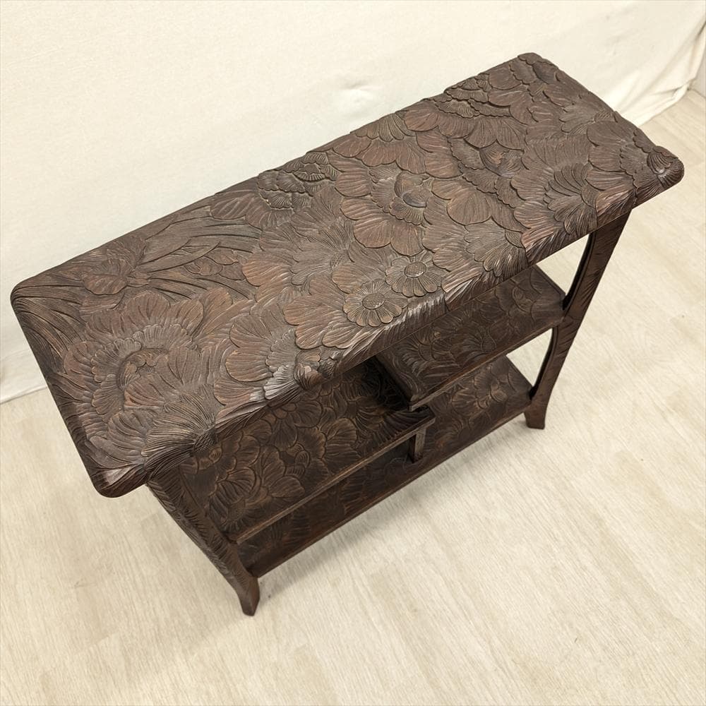 美品　日光彫り　飾り棚　違い棚　茶棚　オープンラック　棚　ラック　浮かし彫り