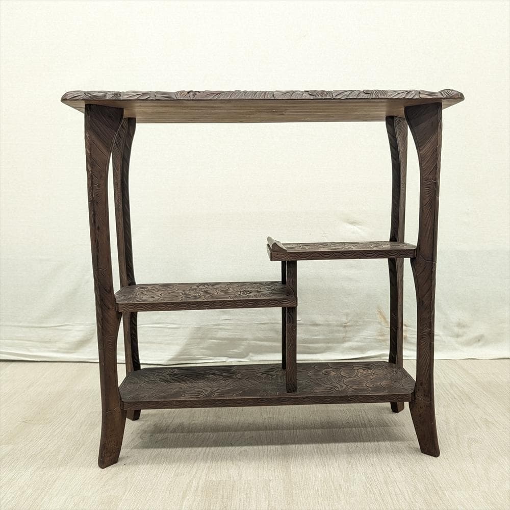 美品　日光彫り　飾り棚　違い棚　茶棚　オープンラック　棚　ラック　浮かし彫り