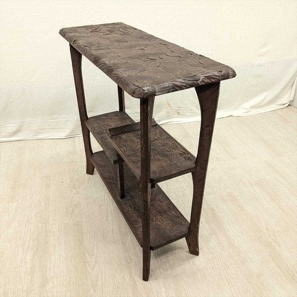 美品　日光彫り　飾り棚　違い棚　茶棚　オープンラック　棚　ラック　浮かし彫り