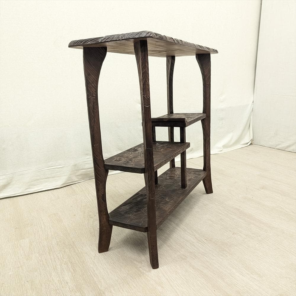 美品　日光彫り　飾り棚　違い棚　茶棚　オープンラック　棚　ラック　浮かし彫り