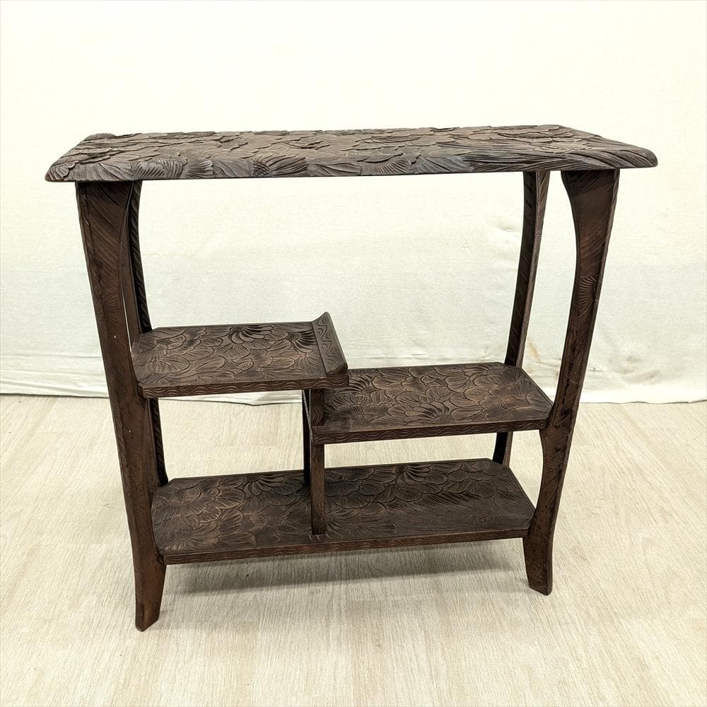 美品　日光彫り　飾り棚　違い棚　茶棚　オープンラック　棚　ラック　浮かし彫り