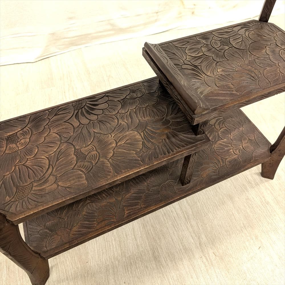 美品　日光彫り　飾り棚　違い棚　茶棚　オープンラック　棚　ラック　浮かし彫り