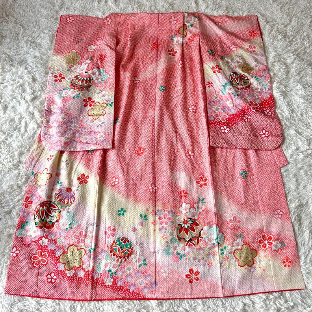 七五三 赤とピンクの花柄着物 作り帯 はこせこセット ７歳