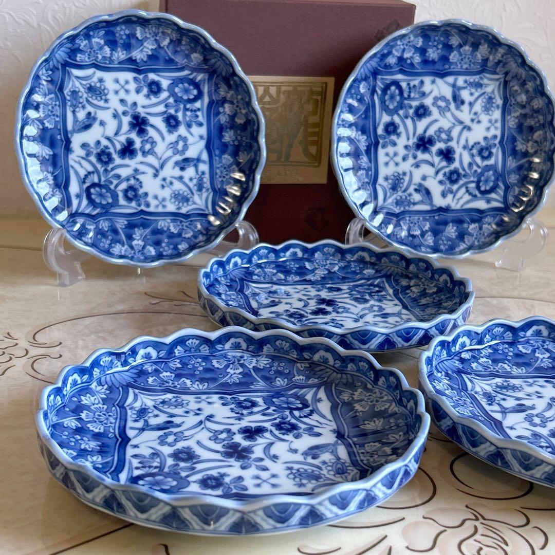 三洋陶器　龍峰窯　染付更紗　和皿揃　5枚セット　中皿　銘々皿　輪花皿　菊割皿