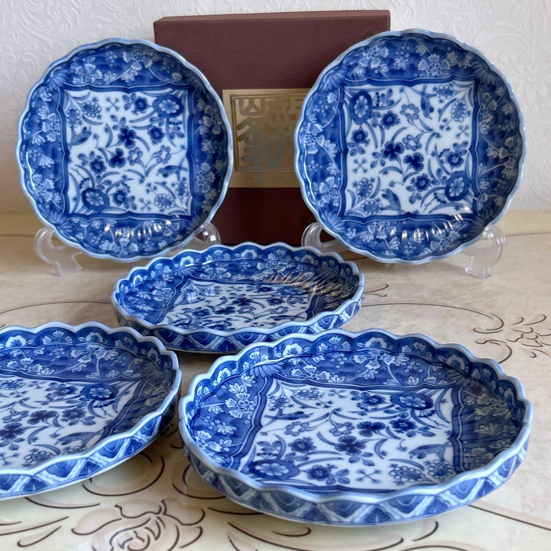 三洋陶器　龍峰窯　染付更紗　和皿揃　5枚セット　中皿　銘々皿　輪花皿　菊割皿