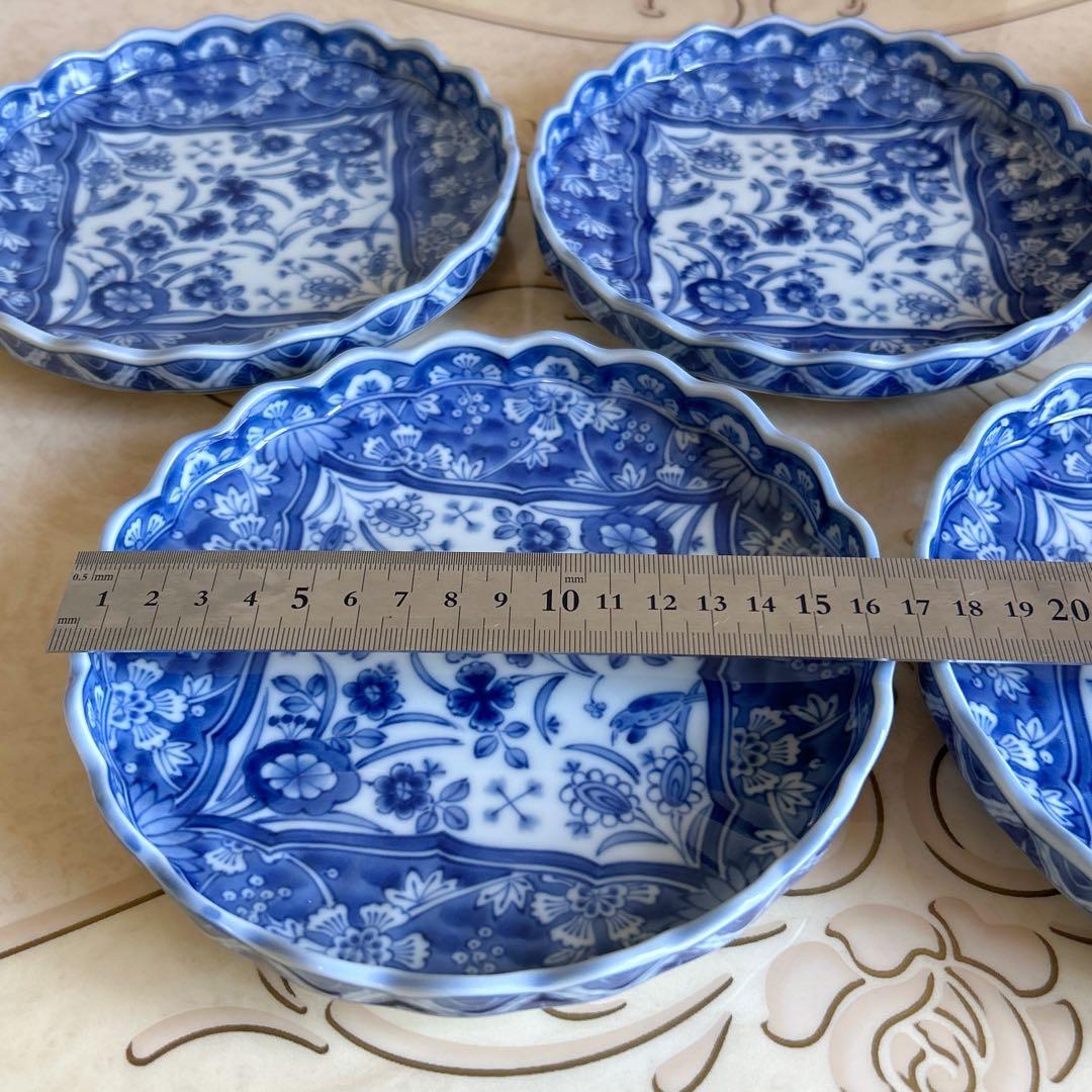 三洋陶器　龍峰窯　染付更紗　和皿揃　5枚セット　中皿　銘々皿　輪花皿　菊割皿