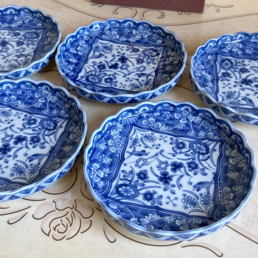 三洋陶器　龍峰窯　染付更紗　和皿揃　5枚セット　中皿　銘々皿　輪花皿　菊割皿
