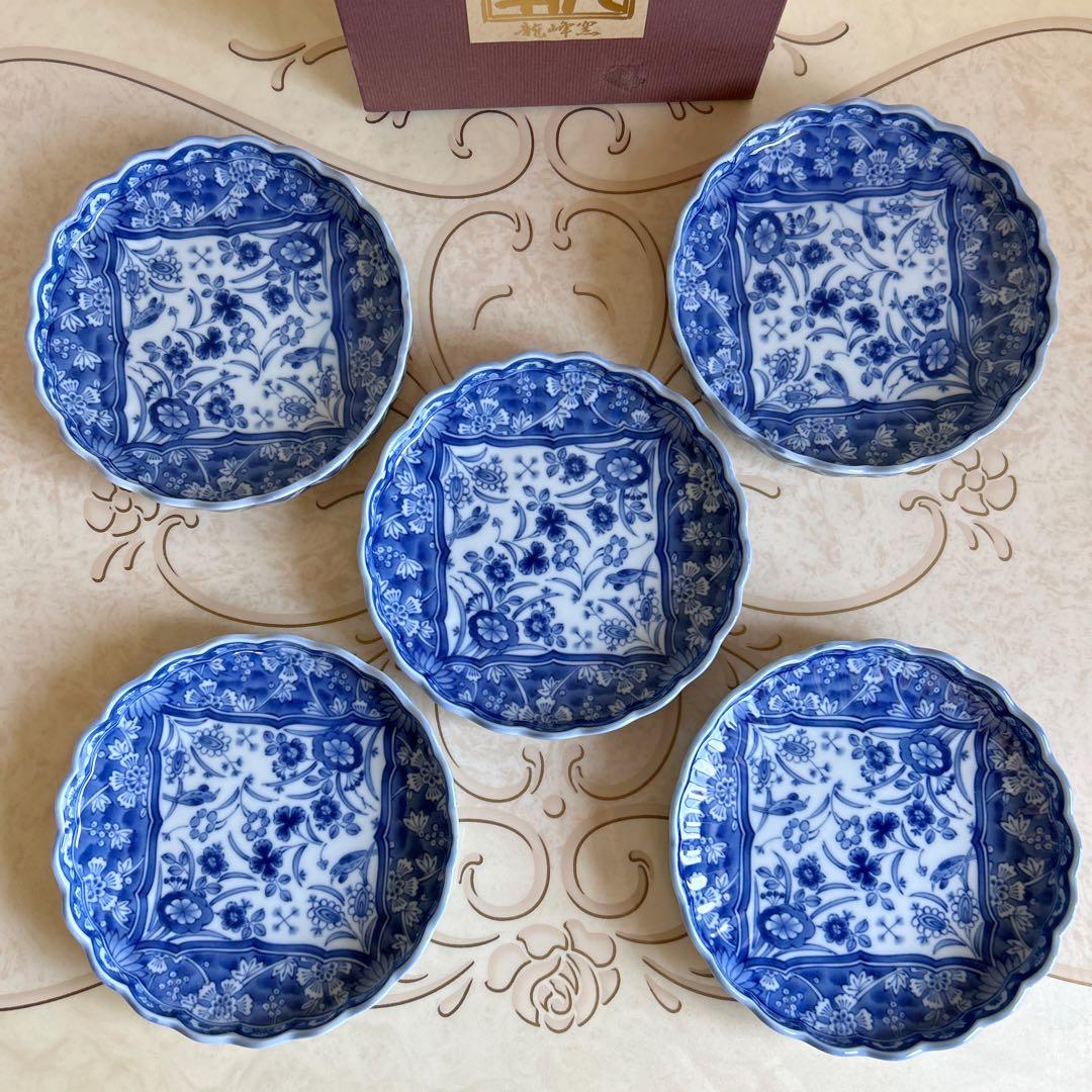 三洋陶器　龍峰窯　染付更紗　和皿揃　5枚セット　中皿　銘々皿　輪花皿　菊割皿