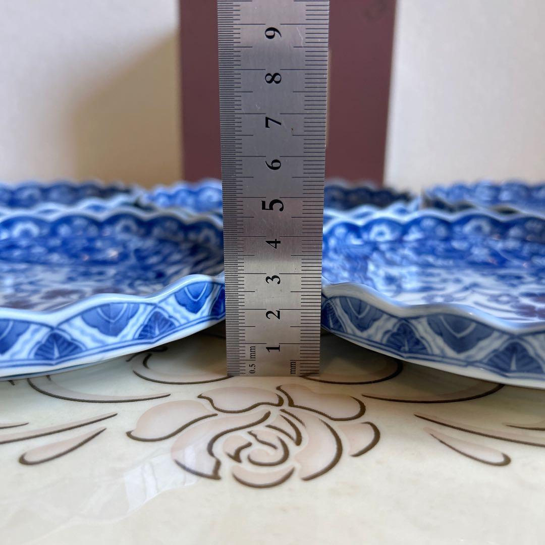 三洋陶器　龍峰窯　染付更紗　和皿揃　5枚セット　中皿　銘々皿　輪花皿　菊割皿