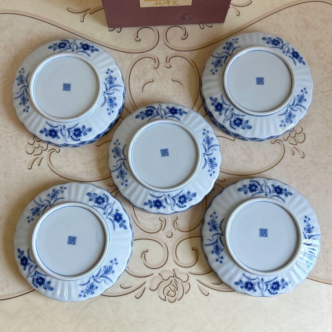 三洋陶器　龍峰窯　染付更紗　和皿揃　5枚セット　中皿　銘々皿　輪花皿　菊割皿