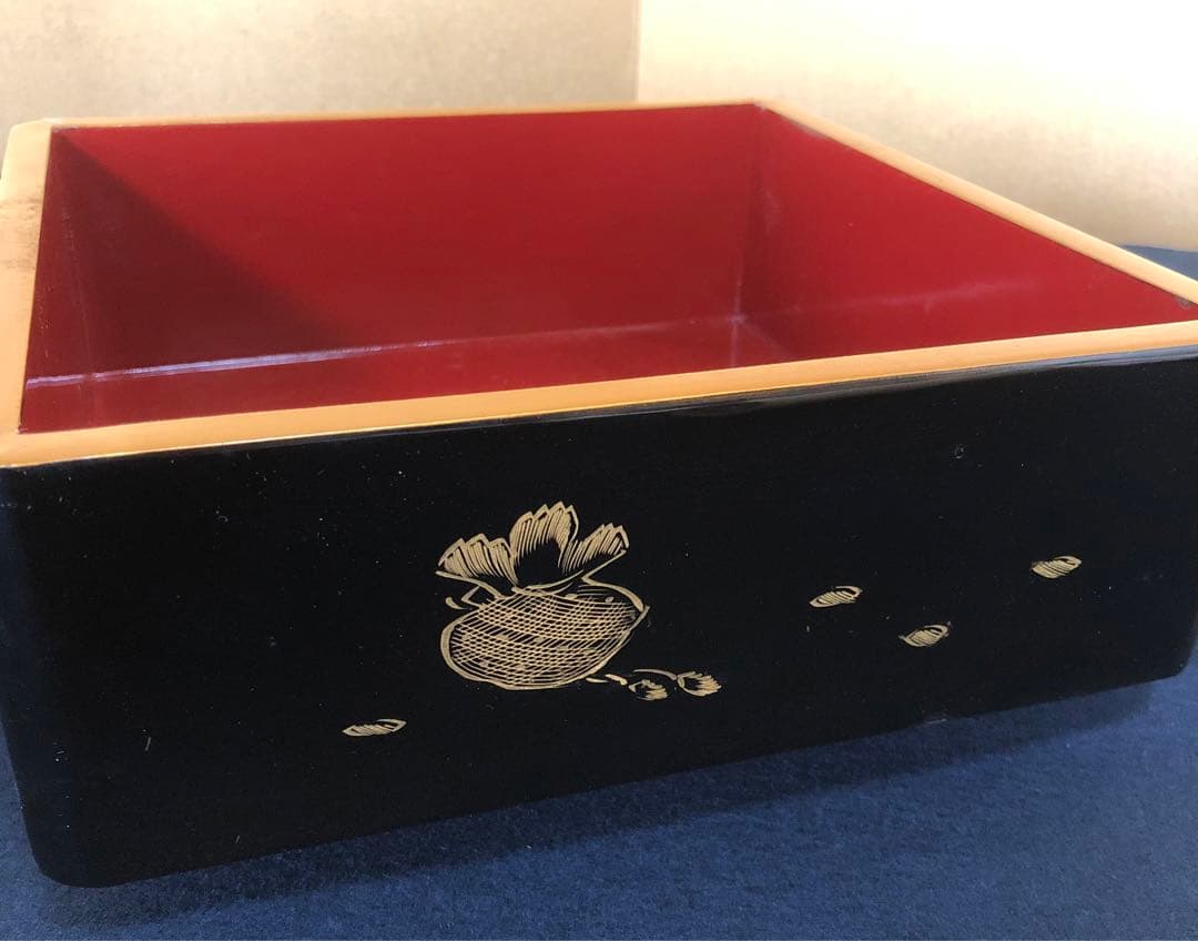 《R》黒内朱 沈金宝尽し 四段重 替蓋 重台付 木箱 251204お3