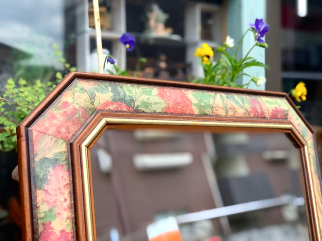 イタリア製 八角ミラー ウォールミラー 鏡 壁掛け 木製 花柄 面取り