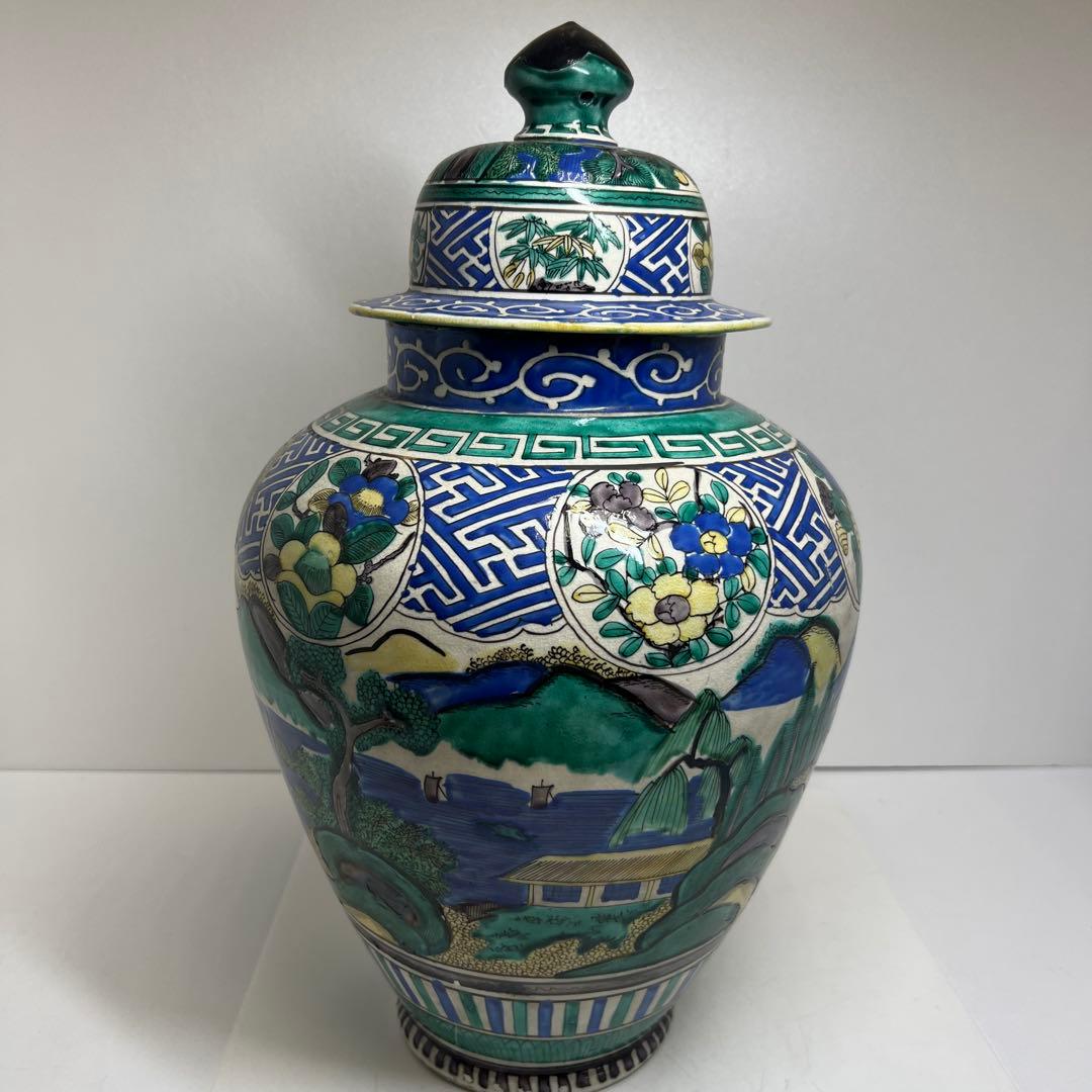 江戸後期 青九谷 特大沈香壷 木箱付 高さ約45㎝ 東