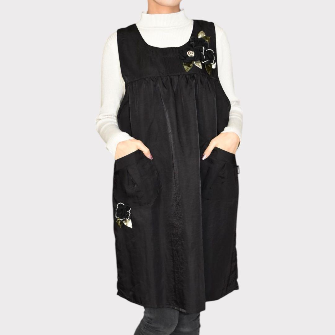 数量限定】ナイロン エプロン 撥水加工 花モチーフ 9750 ブラック