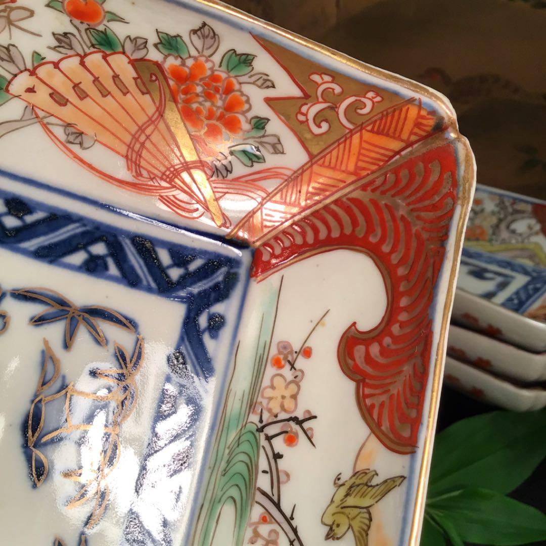 A549 古伊万里　上手　染錦手　おしどり牡丹　扇面に蝶紋様　隅切長皿　5枚