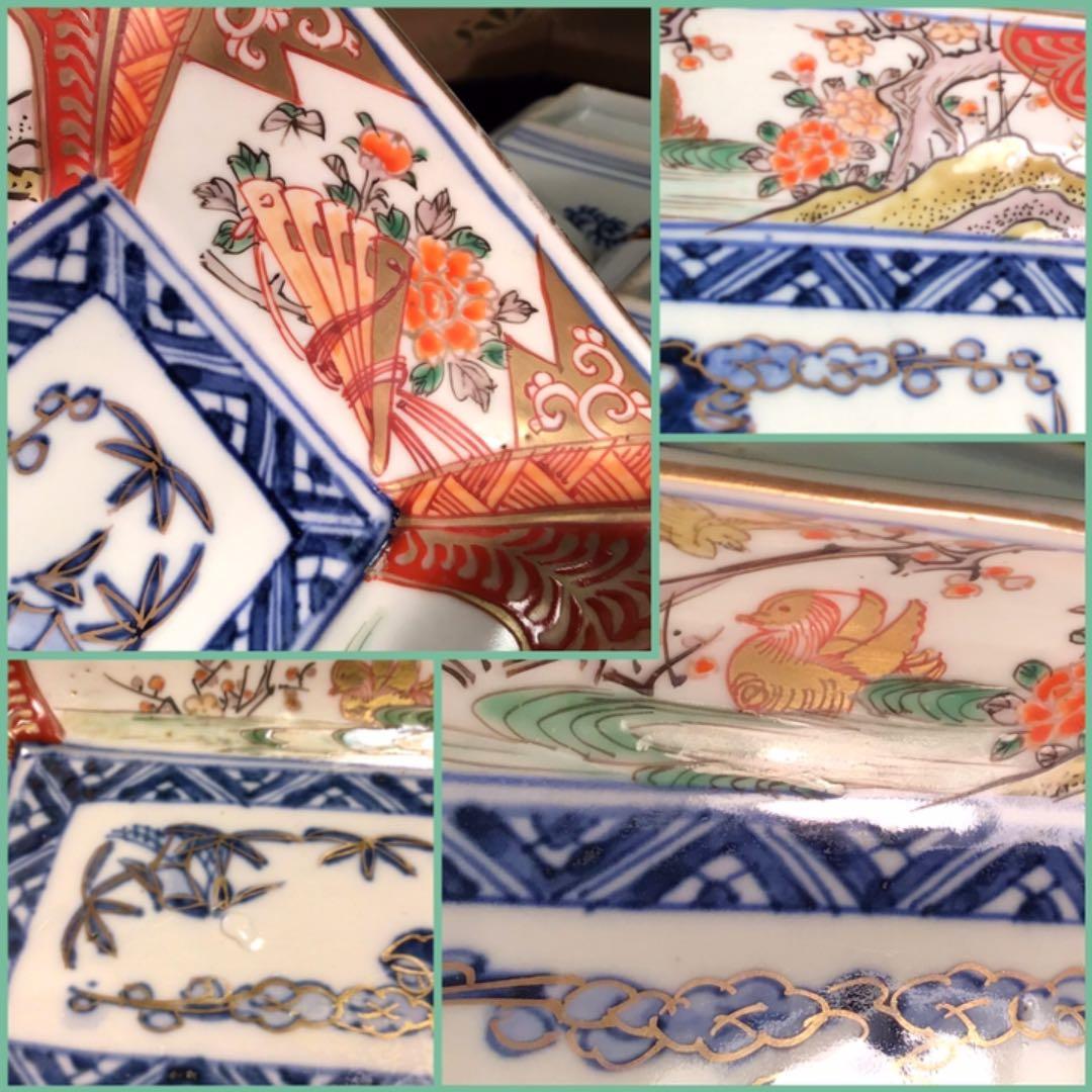 A549 古伊万里　上手　染錦手　おしどり牡丹　扇面に蝶紋様　隅切長皿　5枚