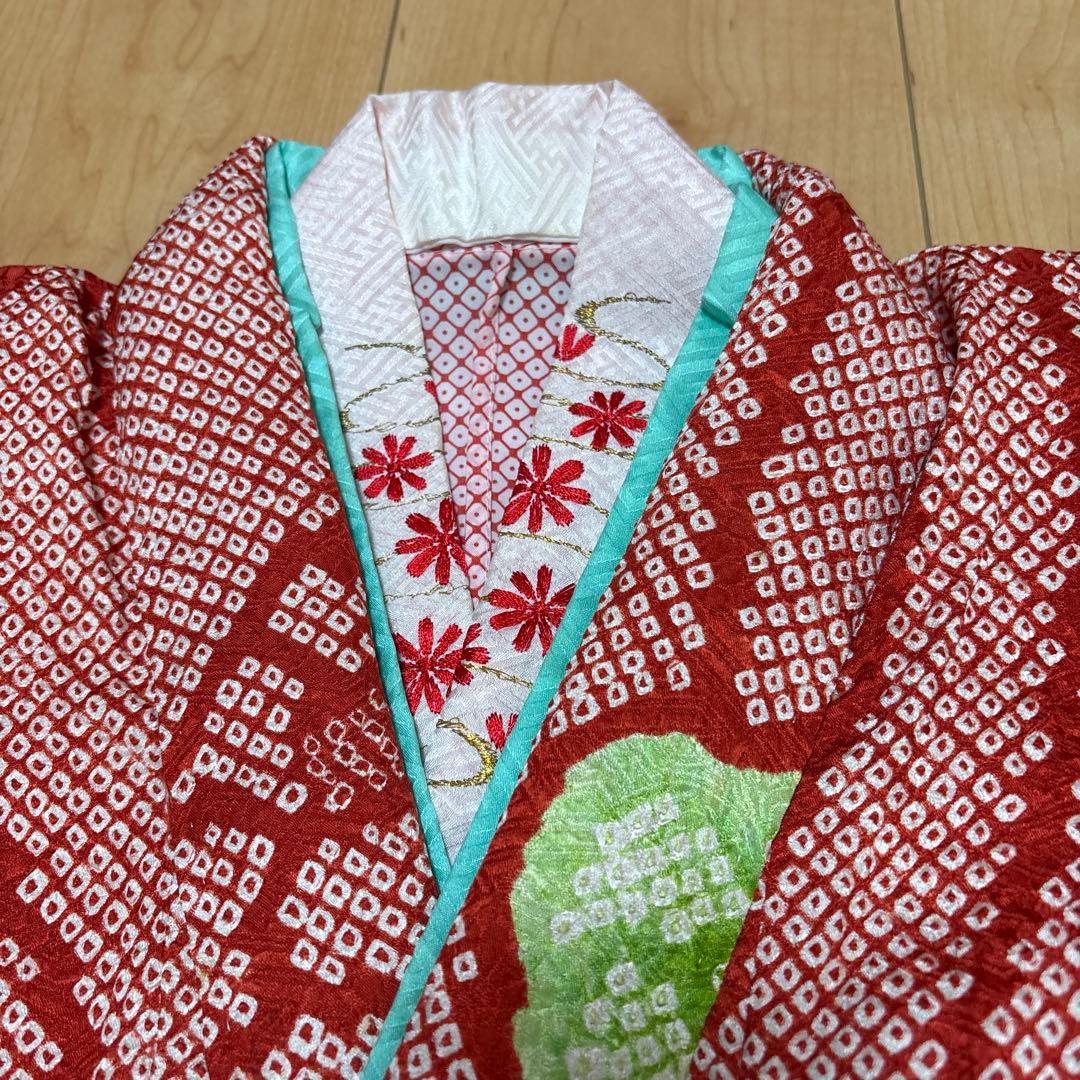 111 総絞り　正絹　赤　疋田　鹿の子　着物+長襦袢　7歳　七五三　四つ身