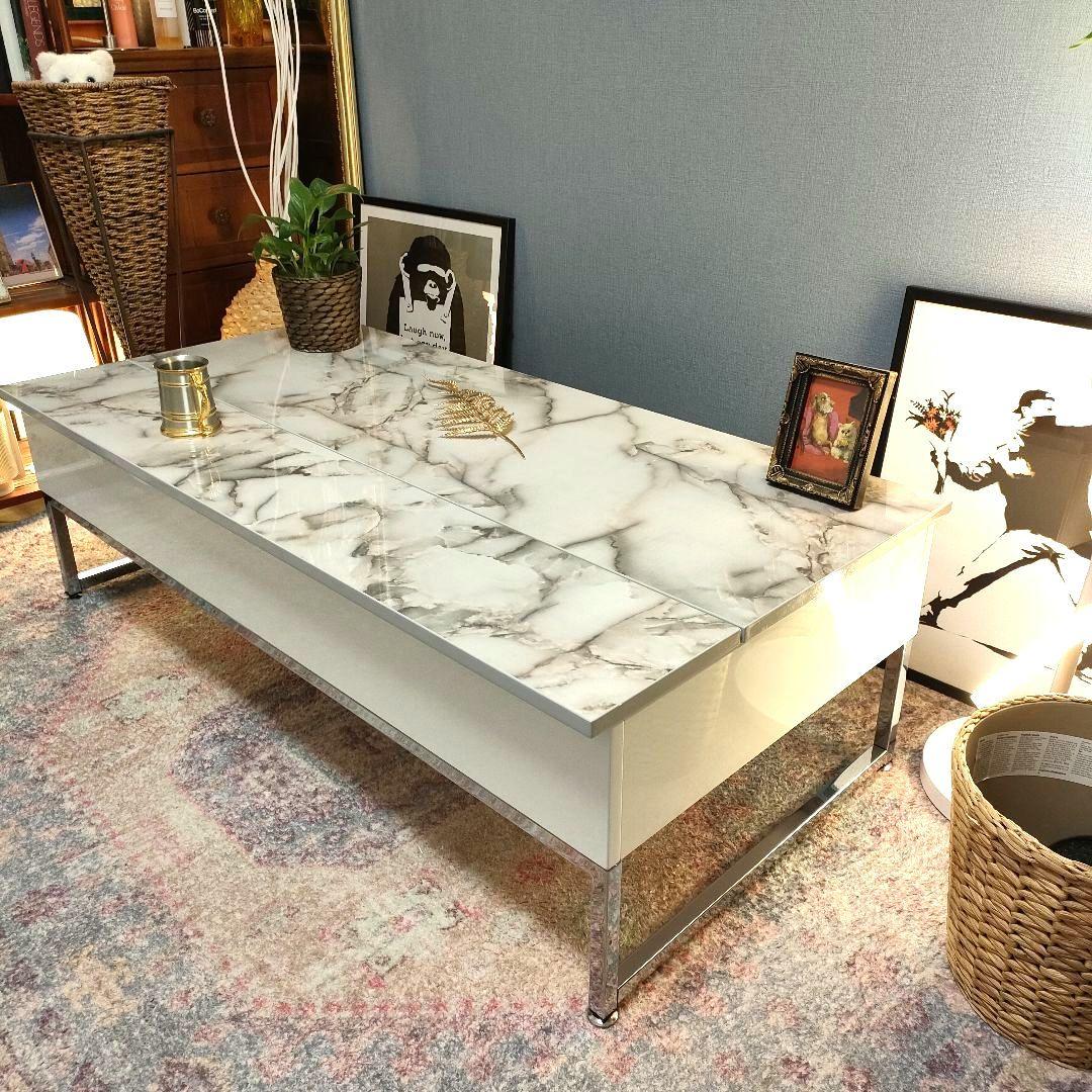 dinos ディノス 大理石調 昇降式 リビングテーブル 収納付き