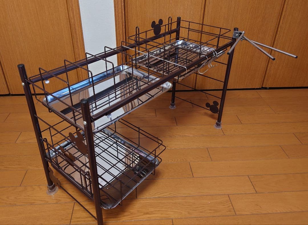 【中古】ベルメゾン ディズニー 水切りラック ブラウン ワイド ミッキーモチーフ