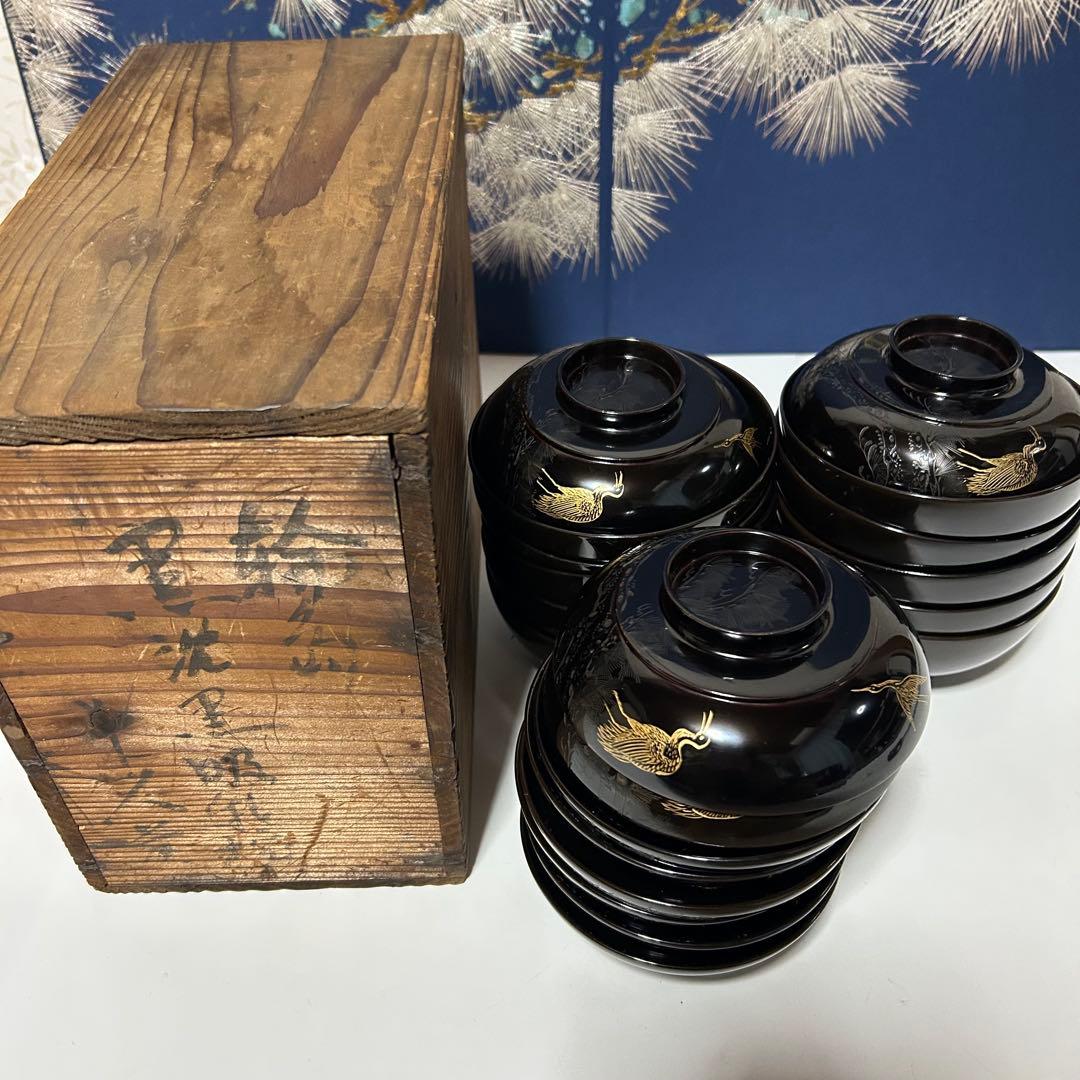 輪島塗　蒔絵　漆器 吸物椀 多用椀 松竹梅　金色鶴彫刻 10個セット