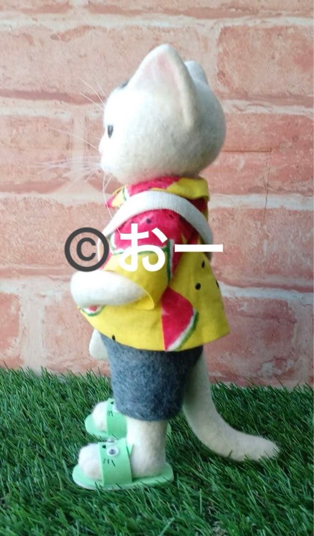 ハンドメイド★羊毛フェルト　夏　ネコ　うちわ　サンダル　麦わら帽子